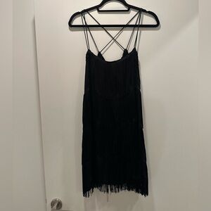 Zara Black Fringe Mini Dress Spaghetti Strap Backless
